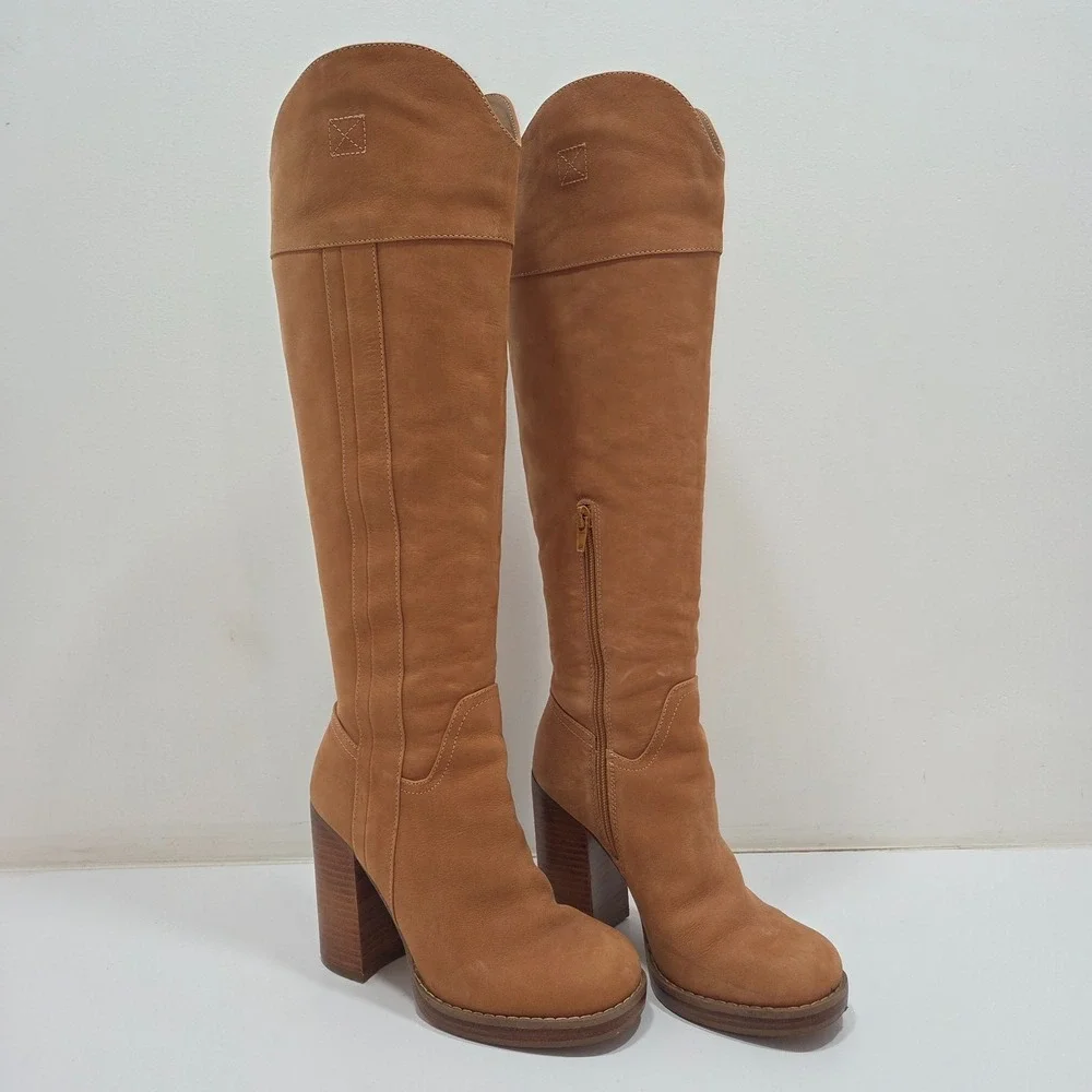JLO Jennifer Lopez Parid Over The Knee Boots Block Heels Tan Brown Suede US 6M